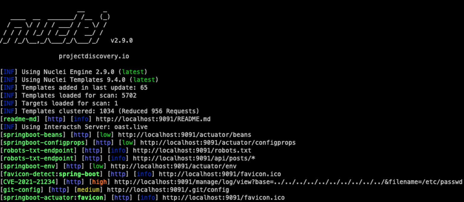 Nuclei detecting our honeypot as a Sprint Boot application