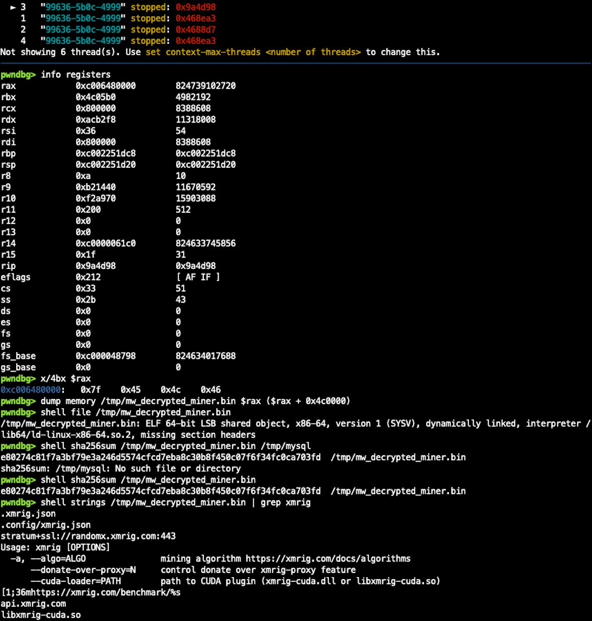 Excerpt from a pwndbg session showing the unpacked miner being dumped from memory (click to enlarge)